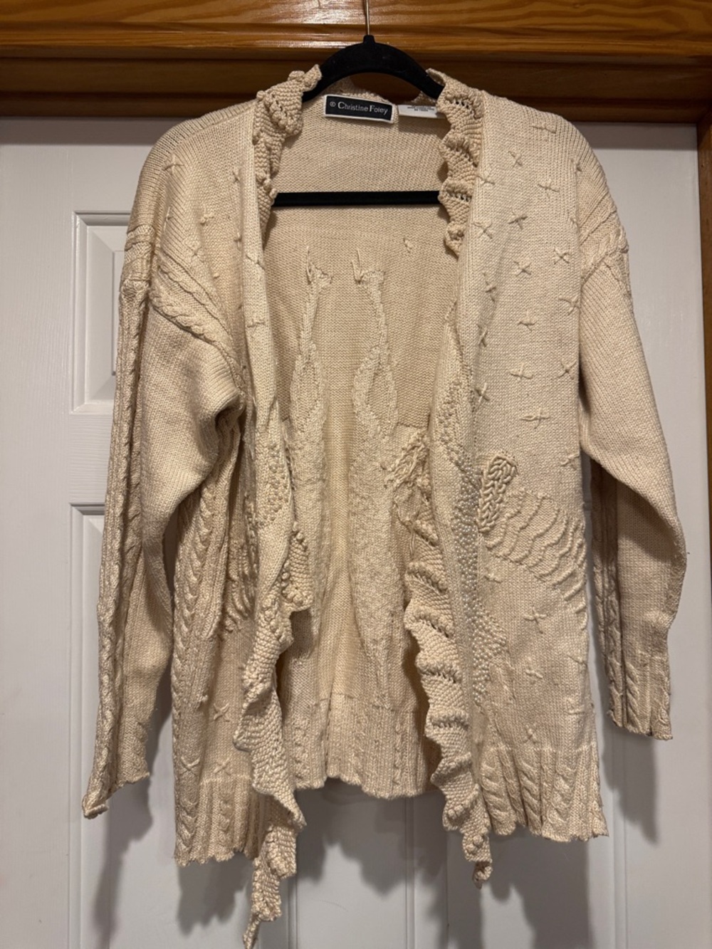 Christine Foley Cream Ruffle-Trim Beaded Open Cardigan Sweater  Size 1 (4-6)